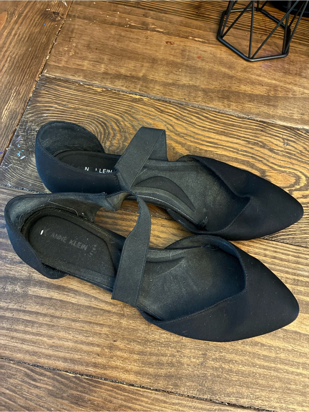 Anne Klein Black Pointed-Toe Mary Jane Flats with Cross Strap
